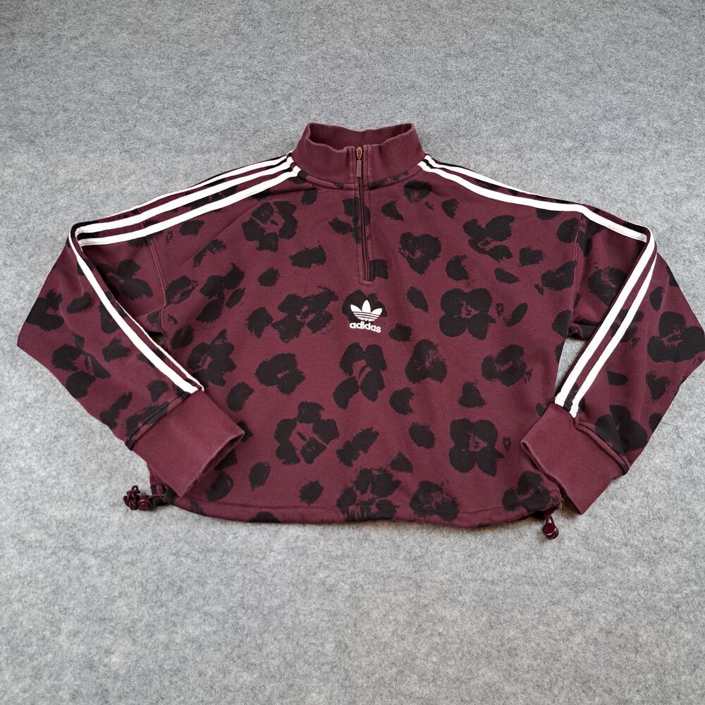 Adidas Sweatshirt Womens Small Maroon Leopard Print Half Zip Cropped Trefoil